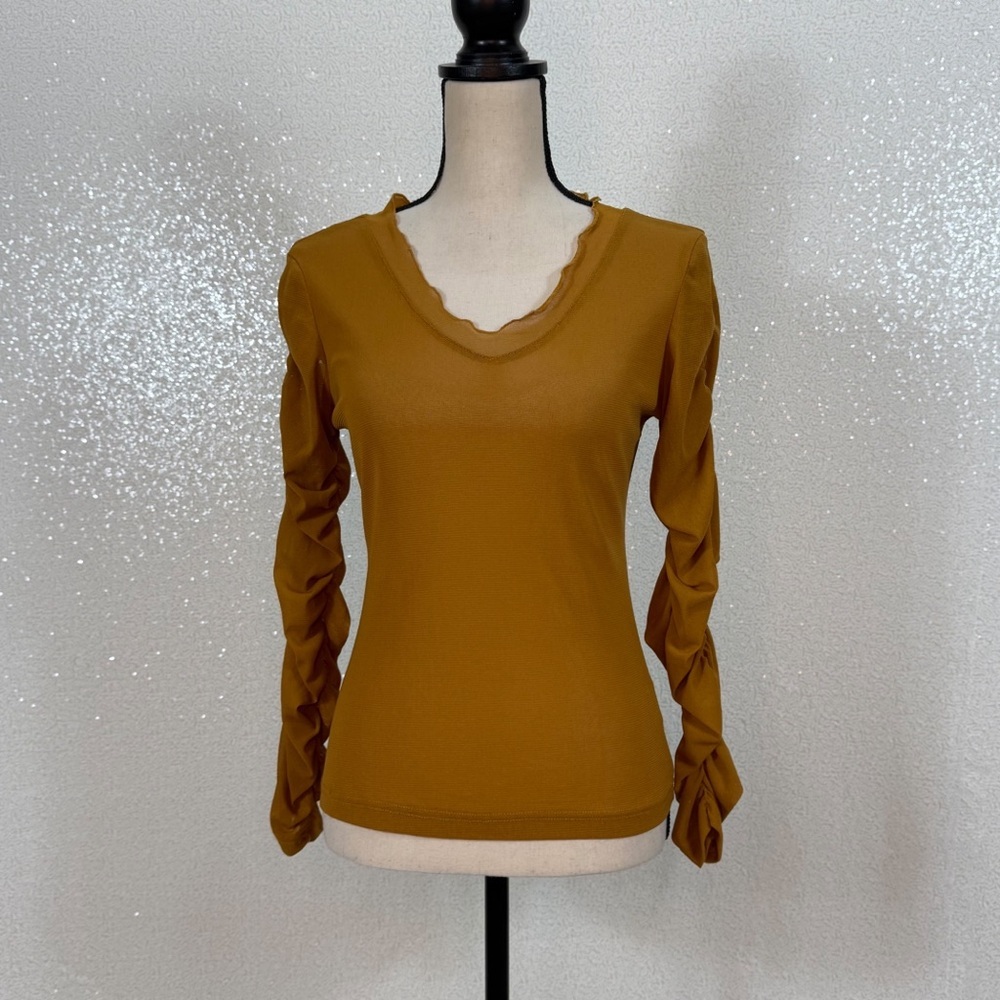 BRACHA Mustard Sheer Mesh Ruched Long Sleeve Top Women’s Medium Stretch V Neck - Picture 10 of 11
